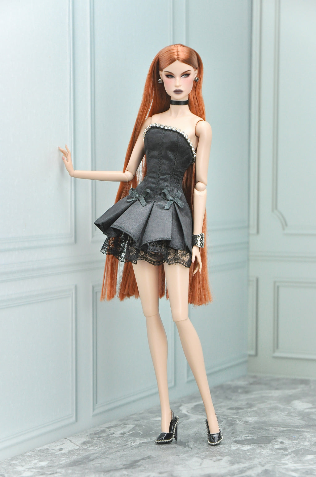 A BREEZING DAY | Y2K Collection - Black bustier dress with rhinestone embellished and bow details for Fashion Royalty & 12" doll