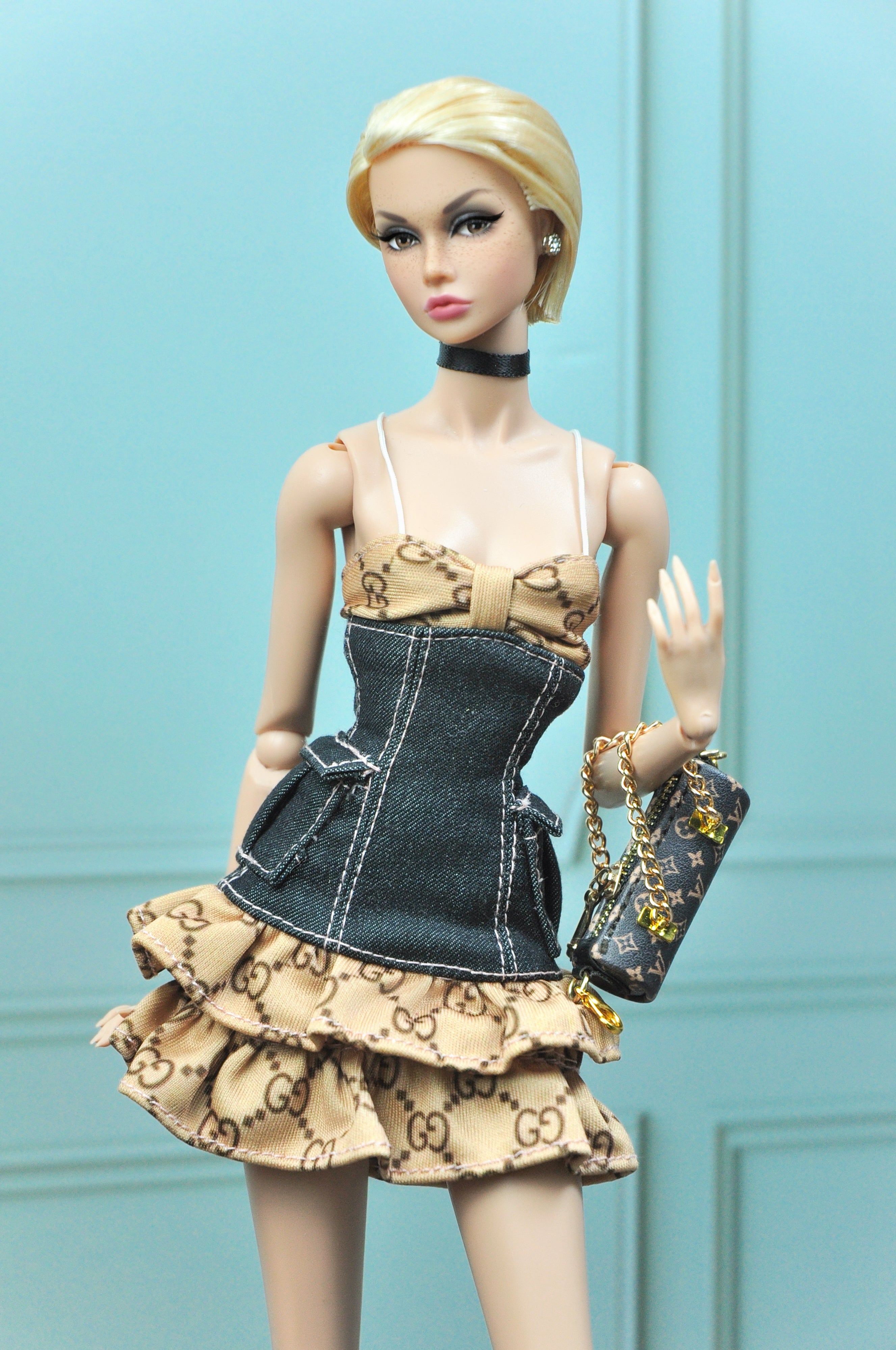 A WAVE 4| Y2K COLLECTION - Fashion Royalty doll clothes & Poppy Parker : Ruffle hem dress with denim bodice