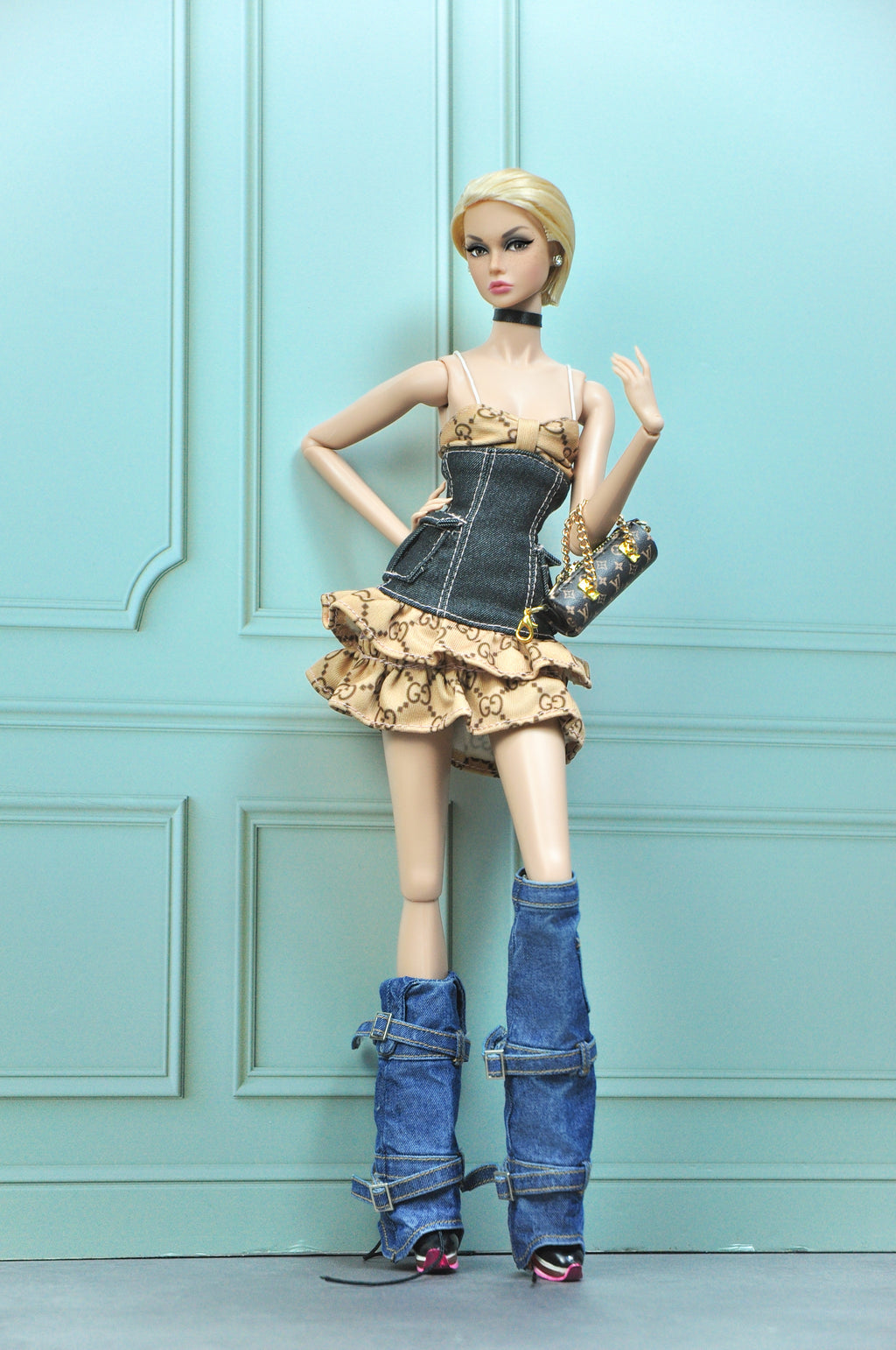 A WAVE 4| Y2K COLLECTION - Fashion Royalty doll clothes & Poppy Parker : Ruffle hem dress with denim bodice