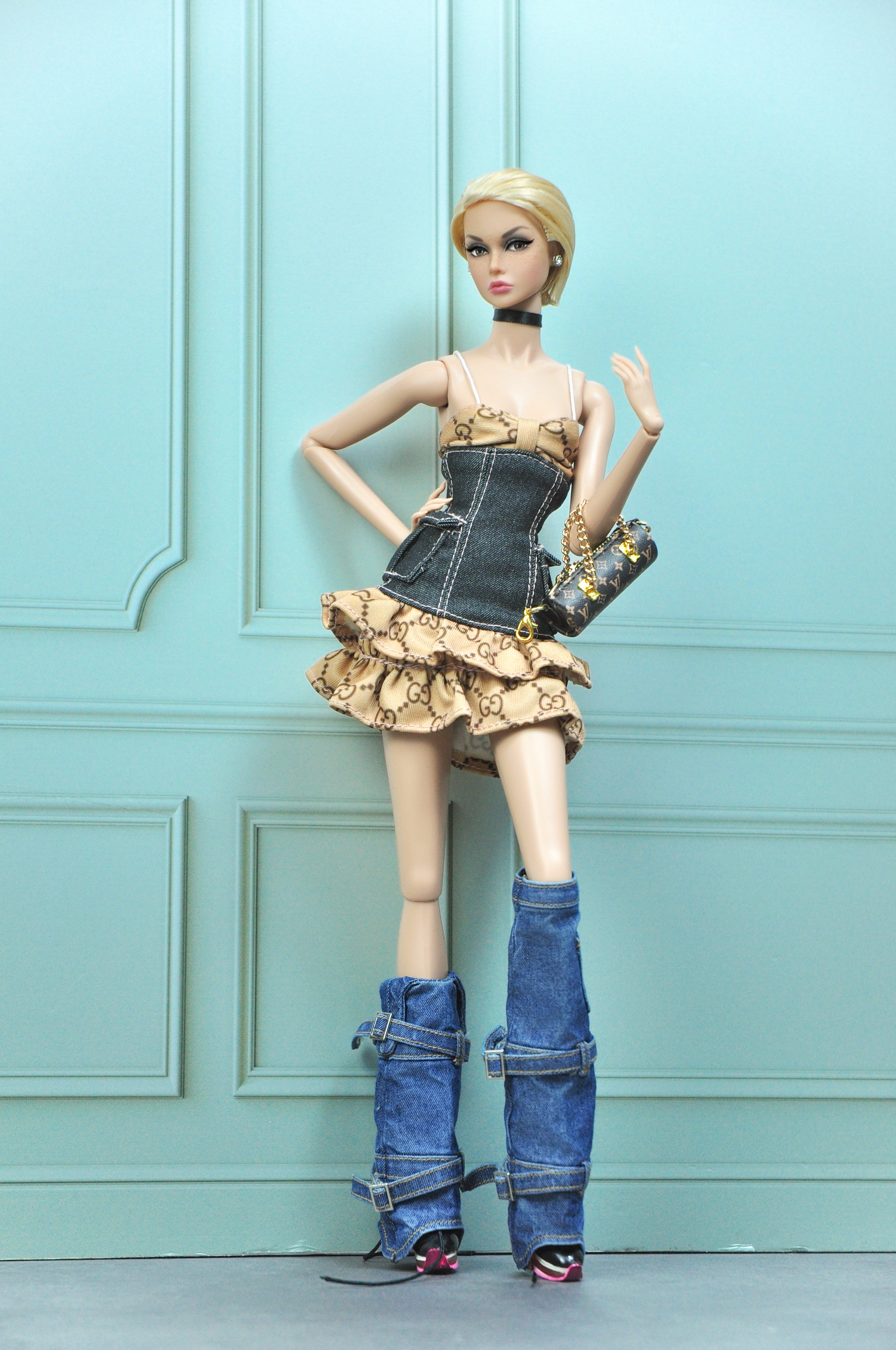 A WAVE 4| Y2K COLLECTION - Fashion Royalty doll clothes & Poppy Parker : Ruffle hem dress with denim bodice