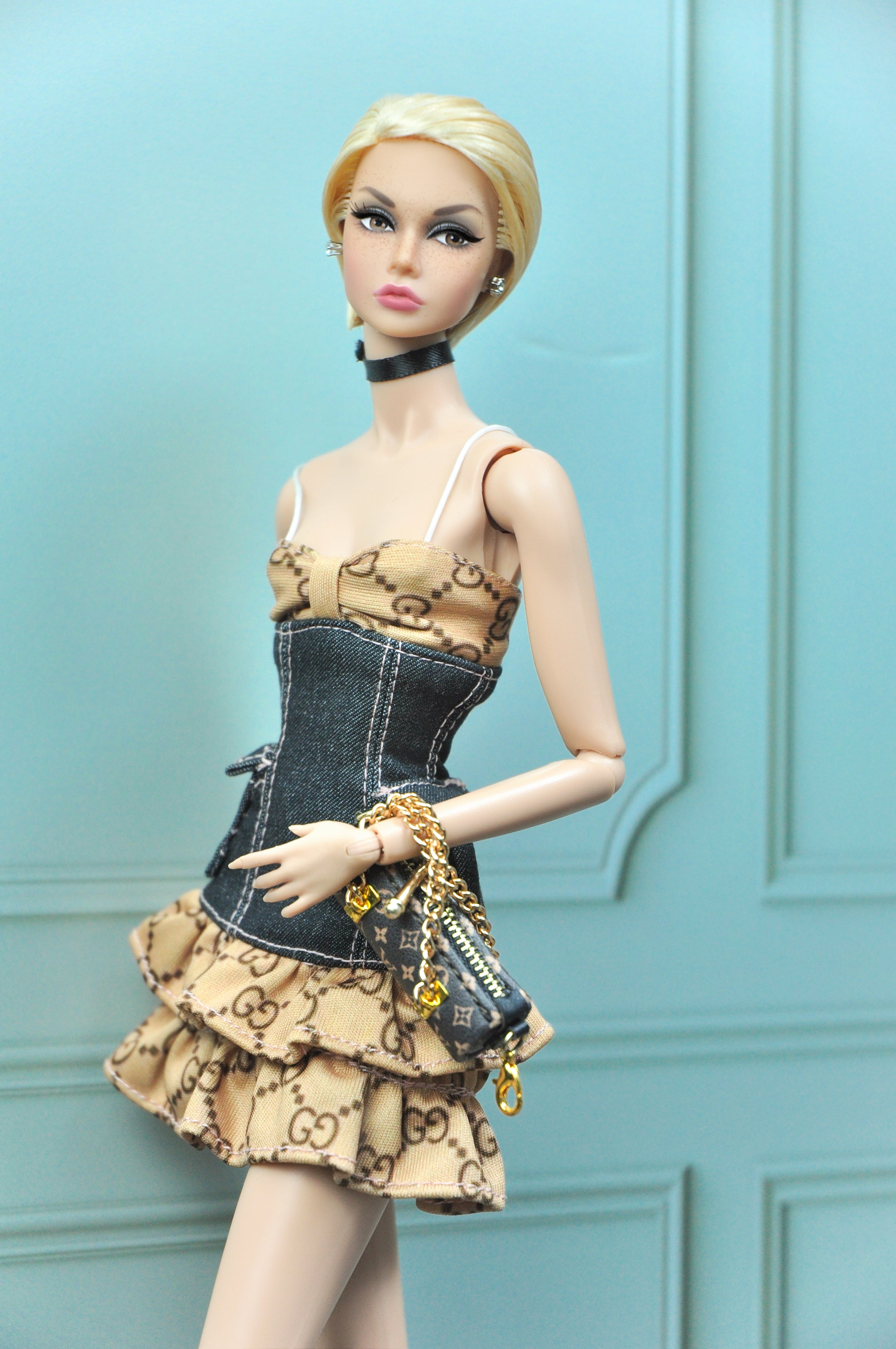 A WAVE 4| Y2K COLLECTION - Fashion Royalty doll clothes & Poppy Parker : Ruffle hem dress with denim bodice
