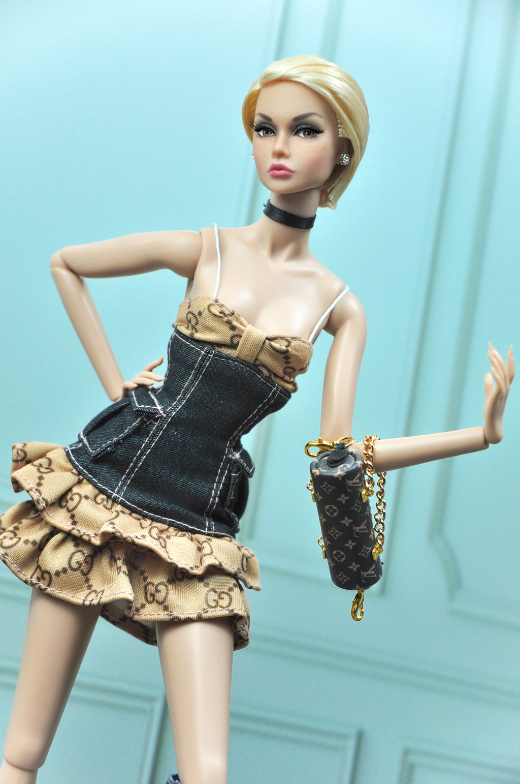 A WAVE 4| Y2K COLLECTION - Fashion Royalty doll clothes & Poppy Parker : Ruffle hem dress with denim bodice