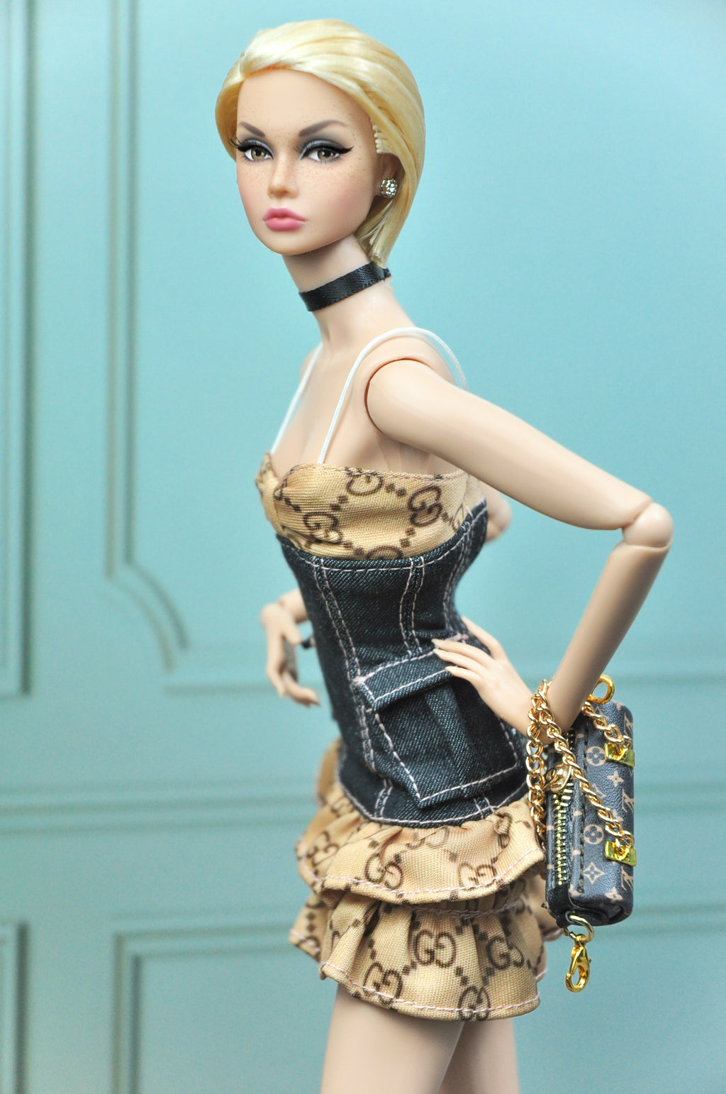 A WAVE 4| Y2K COLLECTION - Fashion Royalty doll clothes & Poppy Parker : Ruffle hem dress with denim bodice