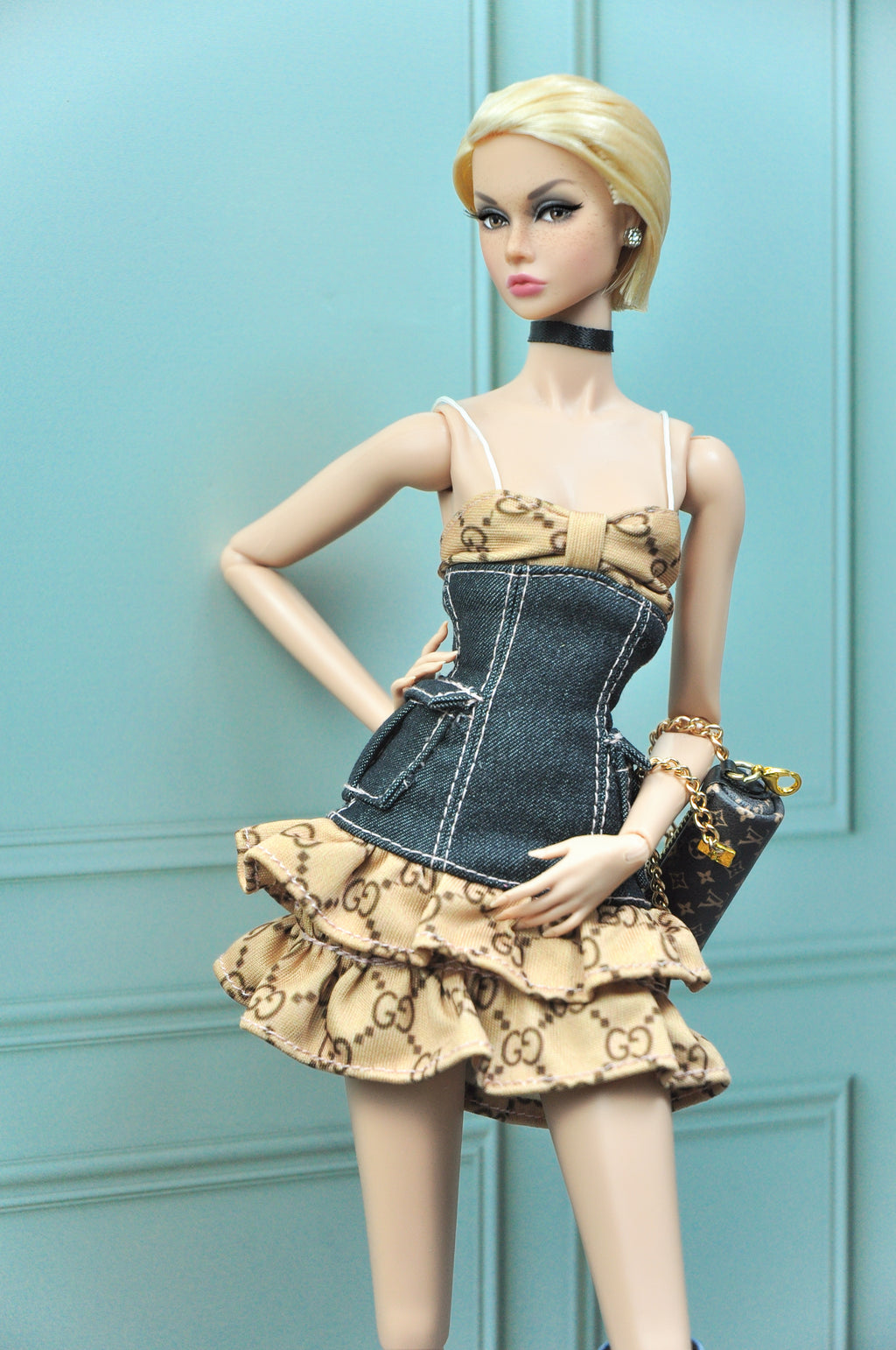 A WAVE 4| Y2K COLLECTION - Fashion Royalty doll clothes & Poppy Parker : Ruffle hem dress with denim bodice